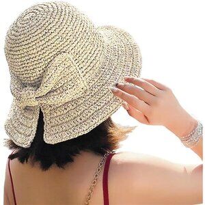 Foldable Wide Brim Floppy Straw Beach Sun Hat,Summer Cap with Bowknot for Women
